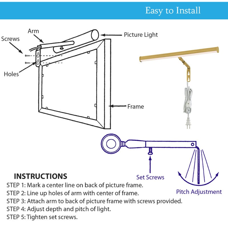 Ciata Picture Light Picture Frame Light Adjustable 14-Inches Integrated LED Art Light 15 Watt Metal Picture Lights for Wall, Artwork Light with in-line On/Off Switch E12 Candelabra Base Polished Brass - Image 4